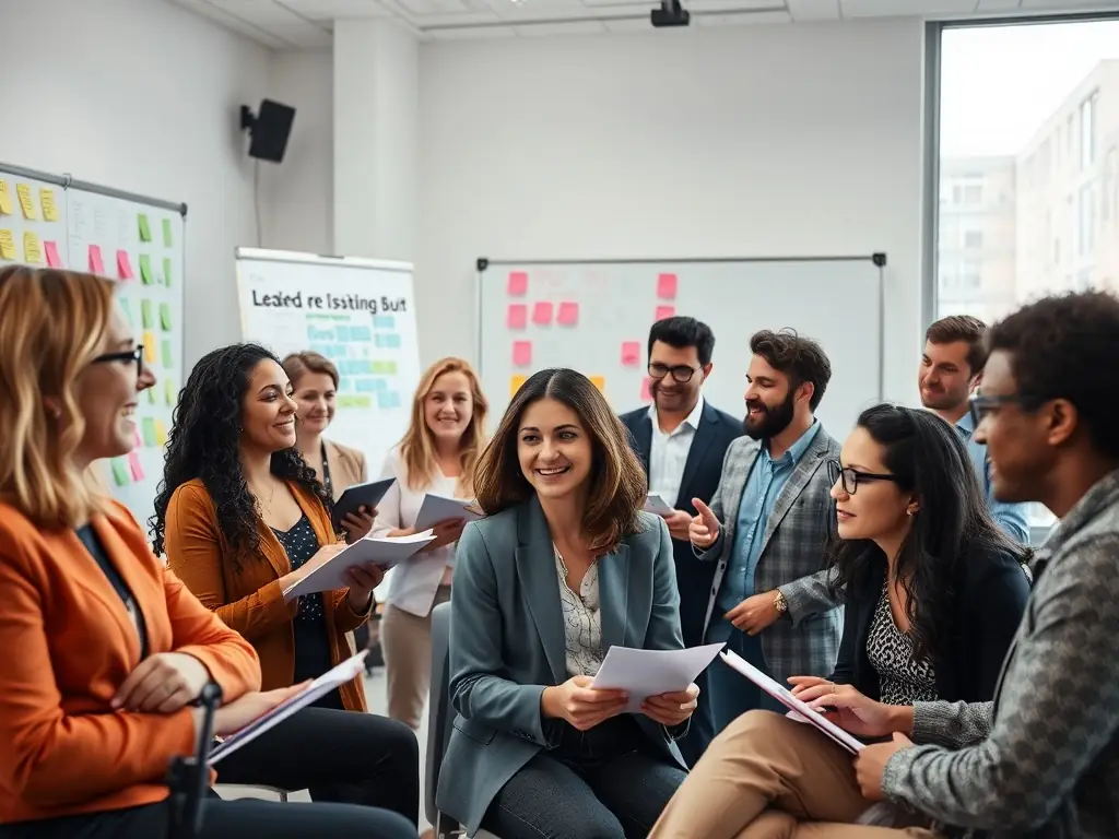 A diverse group of professionals actively participating in a leadership workshop, engaged in a team-building exercise, set in a modern office environment in London, UK.