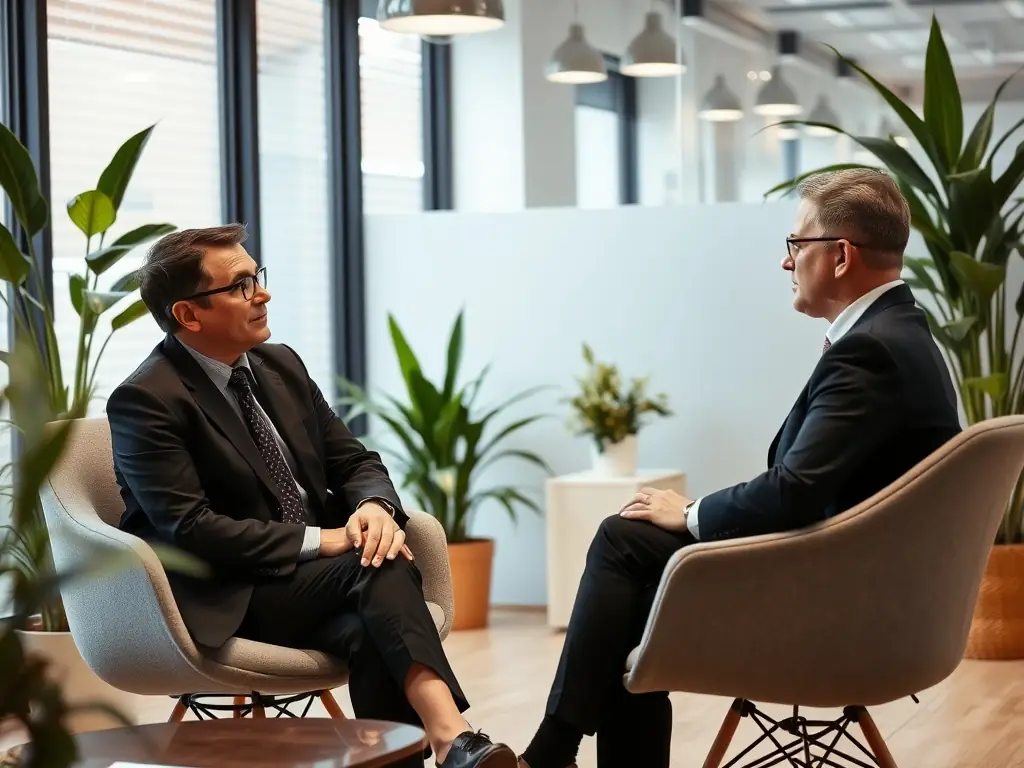 A professional business coach is actively listening and providing guidance to a client in a modern office setting, fostering a supportive and collaborative environment.