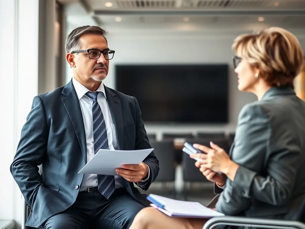 A senior executive in a one-on-one mentoring session with a leadership coach, discussing career goals and strategies in a quiet, professional setting in London, UK.